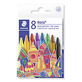 Cardboard box containing 8 wax crayons in assorted colours