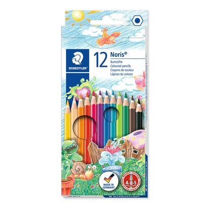 Cardboard box containing 12 coloured pencils in assorted colours