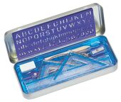 Metal tin containing 1 metal compass, alphabet stencil, 45/90° triangle, 30/60° triangle, pencil, metal divider, 6" ruler, 180° protractor, sharpener, eraser