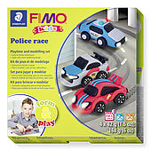 Set "Police Race" containing 4 blocks à 42 g (glitter silver, blue, red, black), modelling stick, step-by-step instructions, cut out templates / playing surface, sticker, instruction