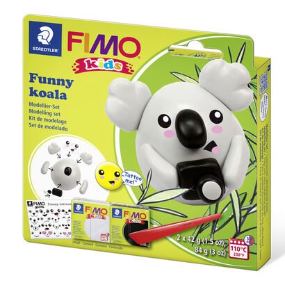 Set "koala" mit 2 Blöcken à 42 g (grau, schwarz), Modellierstab, FIMO kids Tattoobogen