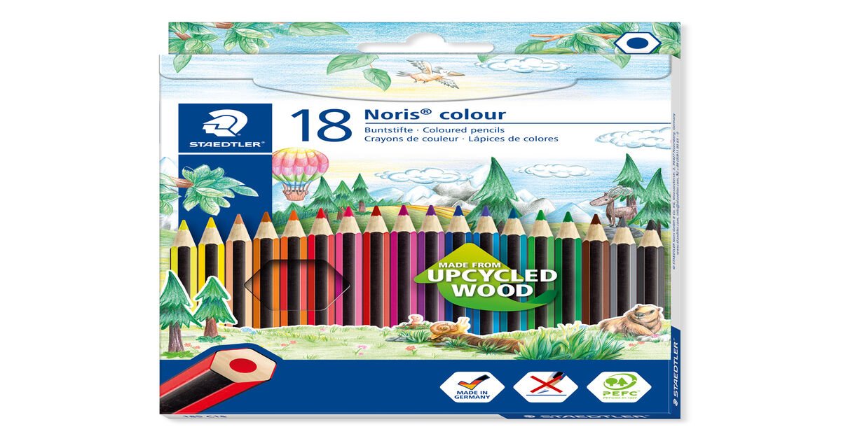 Set of 12 Colouring Pencils in White Made in Germany. Increased Tip Strength Hexagon PEFC-Wood DIN EN71 Stripes Design Staedtler 185-0 Colour Pencils WOPEX Material Noris Colour