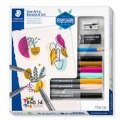 Cardboard box containing 6 pigment brushes in assorted colours, 1 pigment pen, 1 drawing pencil, 1 eraser and 1 metal sharpener