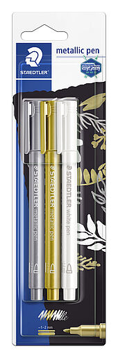 Blisterkarte mit 3 metallic pen in sortierten Farben (gold, silber, weiß)
