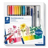 Cardboard box containing 8 double-ended watercolour brush pens in assorted colours, 1 pigment liner, 1 watercolour drawing pencil, 1 water brush and 1 eraser