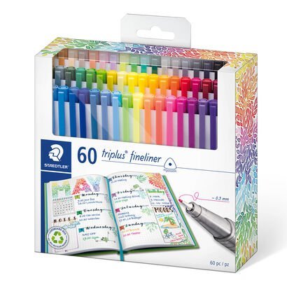 Cardboard box containing 60 triplus fineliner in assorted colours