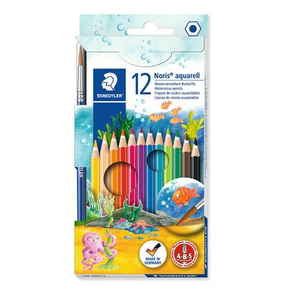 Kartonnen etui bevat 12 aquarel kleurpotloden in geassorteerde kleuren plus penseel