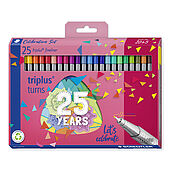 Caja de cartón con 25 triplus fineliner en varios colores, triplus anniversary