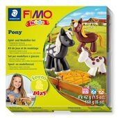 Set "Pony" containing 4 blocks à 42 g (white, brown, glitter gold, black), modelling stick, step-by-step instructions, cut out templates, playing surface, stickers