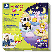 Set "Dreamy pets" containing 4 blocks à 42 g (white, light pink, glitter gold, black), modelling stick, step-by-step instructions, cut out templates / playing surface, sticker, instruction