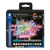Cardboard box containing 12 fibre-tip pens with brush nib in assorted colours