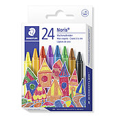 Cardboard box containing 24 wax crayons in assorted colours