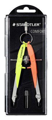 Plastic case with hinged lid containing 1 compass, neon edition yellow/orange
