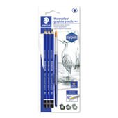 Mars® Lumograph® aquarell 100A Blisterkaart met 3 aquarel grafietpotloden in verschillende hardheidsgraden en 1 ronde borstel #8