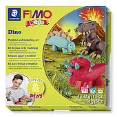 Set "Dino" containing 4 blocks à 42 g (red, light brown, brown, green), modelling stick, step-by-step instructions, cut out templates / playing surface, sticker, instruction
