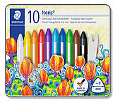 Metal case containing 10 crayons in assorted colours and scraper