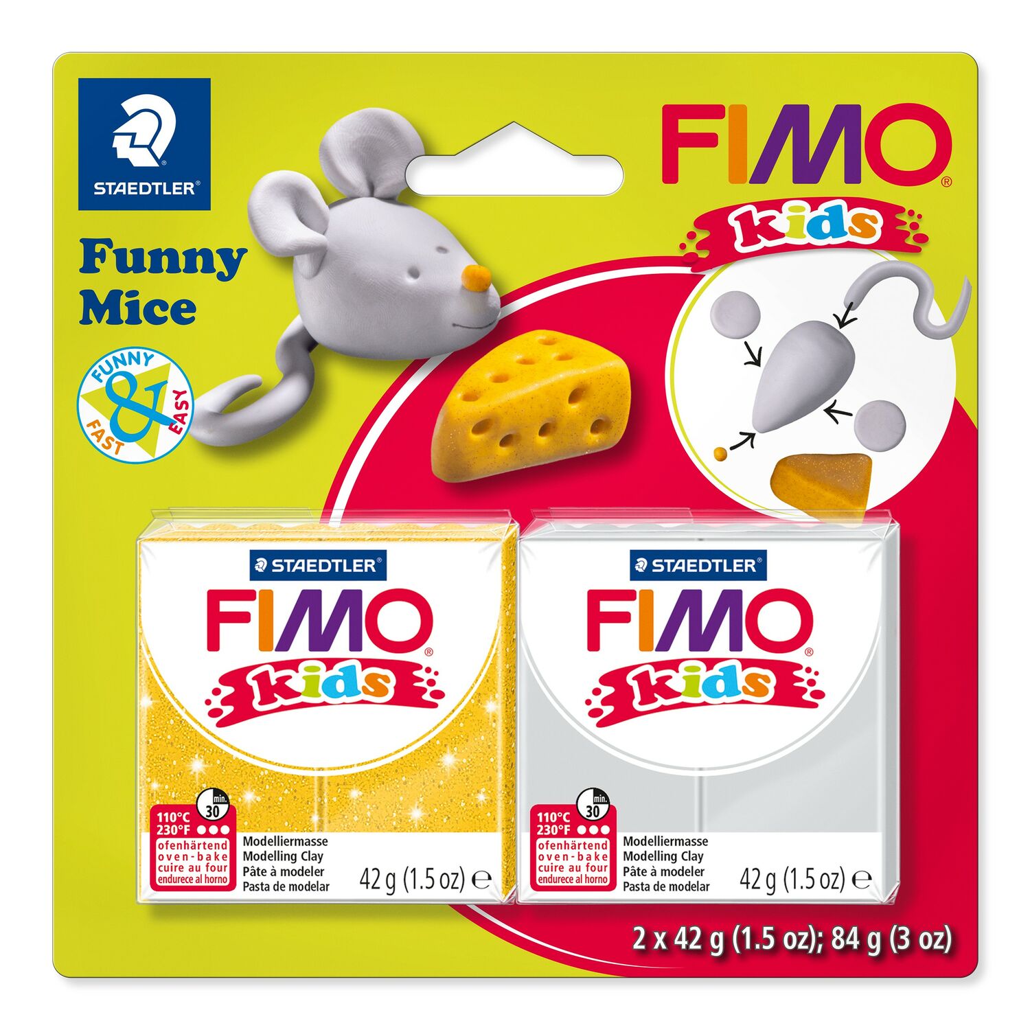 Set 'Funny Mice' on blistercard Content: 2 blocks á 42 g (glitter gold, grey), instructions