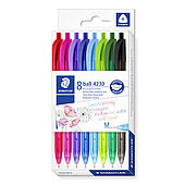 Cardboard box containing 8 ballpoint pens in assorted writing colours, line width M