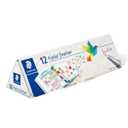 Triangular Carton pencil case with 12 triplus fineliner in assorted colours