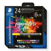Cardboard box containing 24 fibre-tip pens with brush nib in assorted colours