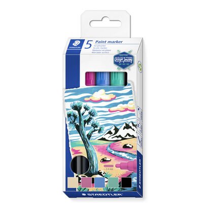 Cardboard box containing 5 Lumocolor paint marker in assorted colours