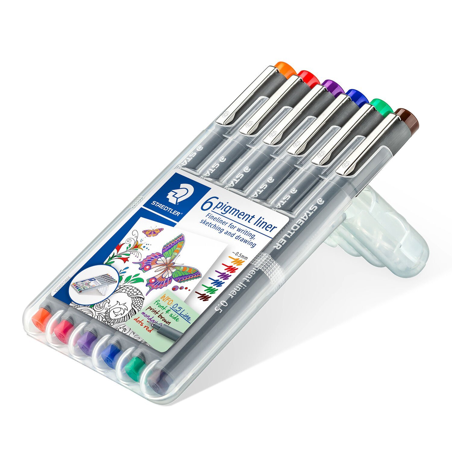 STAEDTLER Box containing 6 pigment liner in assorted colours (orange, red, violet, blue, green, brown), line width approx. 0.5 mm
