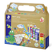Cardboard carry box containing 4 fingerpainting tubes 75 ml in assorted colours, 1 pc safety scissors and drawing activities booklet