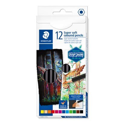 Cardboard box containing 12 coloured pencils in assorted colours