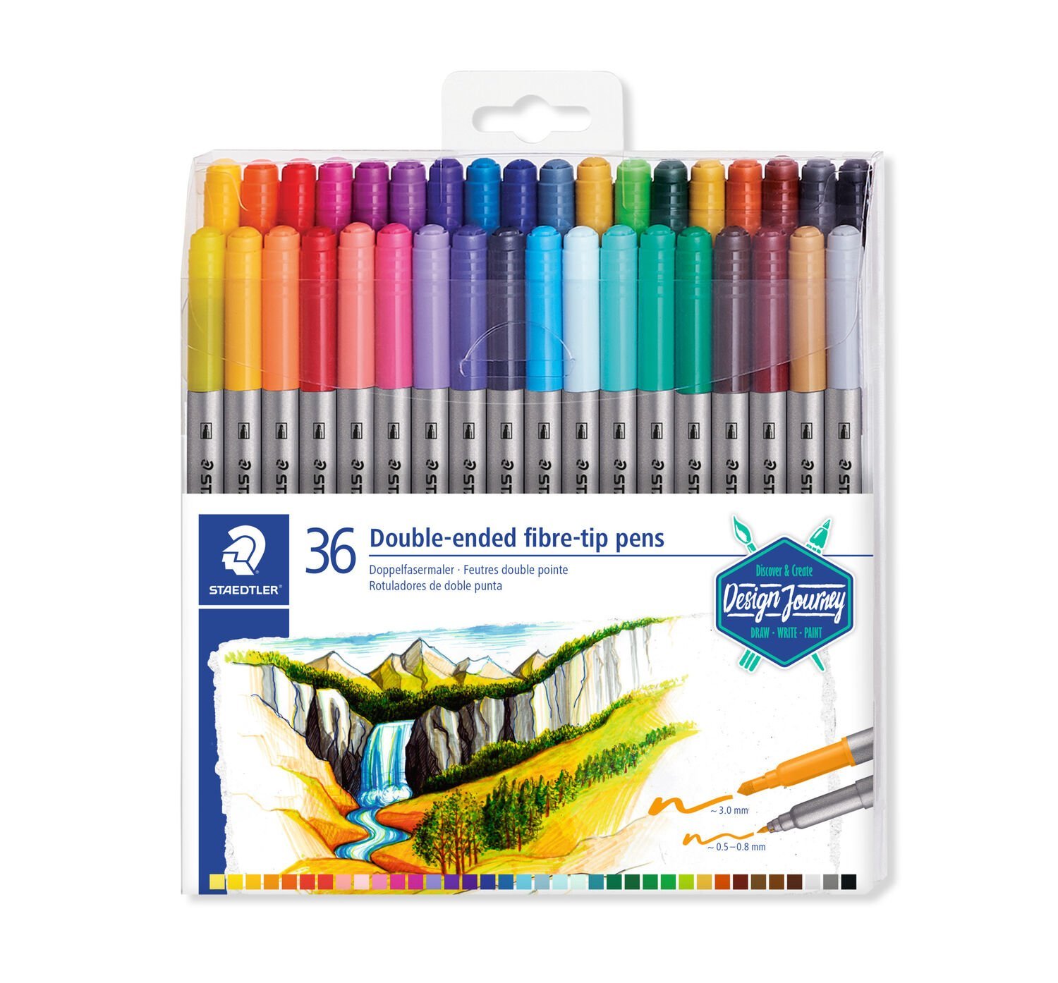 Wallet containing 36 double-ended fibre-tip pens in assorted colours