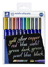 Transparent box containing 10 metallic calligraphy in 10 assorted colours